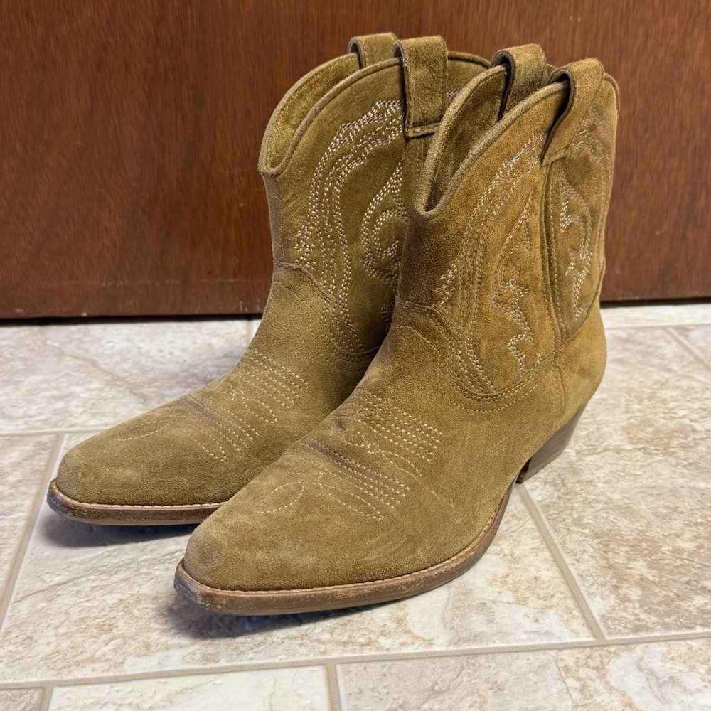 Ba&sh Casey Tan Suede Western Ankle Boots EU 37 US 6.5 Cowboy Americana Booties